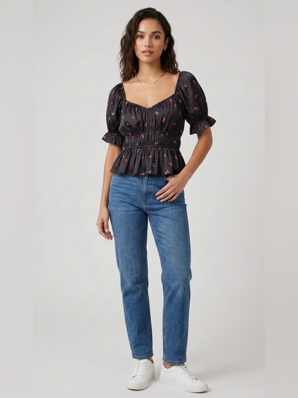 Francesca's Collections Black Peplum Blouse with Pink Floral Accents